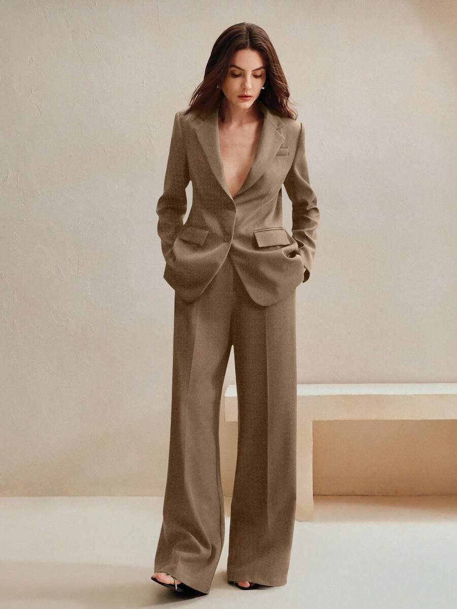 Anewsta Conjunto de traje de negocios de inspiración vintage para mujer - Blazer y pantalones de pierna ancha - Caqui - Ver 1