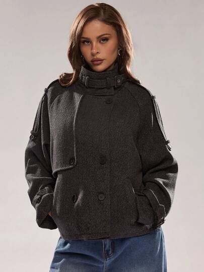 Glamine معطف نسائي فضفاض بياقة مزدوجة الصدر بأكمام طويلة قصير، رمادي داكن، خريف/شتاء