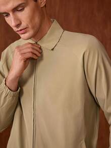 Officeau 男士休闲纯色教练夹克，简约百搭翻领大衣，春秋/夏季皆宜 - 卡其色 - 查看 5