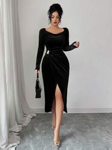 Modelyn Váy quấn nhung thanh lịch dành cho nữ có khóa kim loại và viền nhún, mùa đông - màu đen - Xem 6