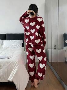 SHEIN 女士可爱爱心图案加厚抓绒睡衣套装，长袖上衣和裤子，粉色和红色，秋冬款 - 彩色 - 查看 2