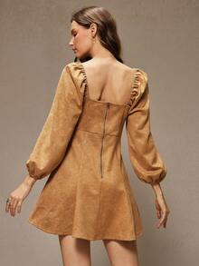 WESTFADE 压花花卉仿麂皮系带长袖修身A字迷你连衣裙，适合冬季、波西米亚风、西部风、假日、圣诞节、新年、纳什维尔牛仔风、休闲、可爱风格 - 棕色 - 查看 2