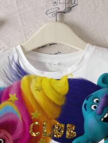 SHEIN Trolls Young Girl Casual Cartoon & Letter Graphic Round Neck Short Sleeve T-Shirt, Summer - أبيض - مشاهدة 3