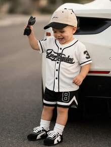 SHEIN Playful Pals Baby Boy Infant Toddler 0-3Y Fashion Streetwear Sports Baseball Hoodie Jacket, Soccer, Basketball Jersey Style Outerwear & Shorts Set, Baby Spring Summer Sports Outfit