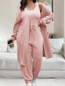 Vionelle 大码女式纯色落肩长袖外套和腰带连体裤休闲两件套 - 藕粉色 - 查看 1