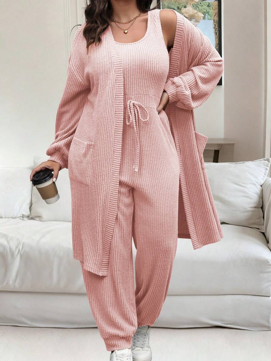 Vionelle 大码女式纯色落肩长袖外套和腰带连体裤休闲两件套 - 藕粉色 - 查看 1
