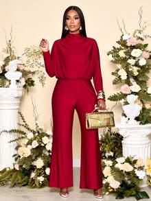 SOLERSUN 女士优雅高领插肩袖垂褶领收腰连体裤，适合秋冬季穿着。 - 酒紅色 - 查看 8