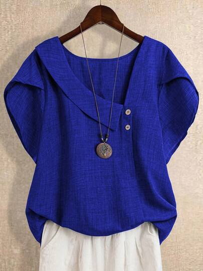 Linhara Plus Size Regular Length Royal Blue Blouse Featuring Petal Short Sleeves And An Asymmetrical Neckline Casual Woven Top