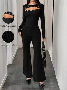 Chiquease Women's Black Sexy Casual Knit Long Sleeve Jumpsuit With Eyelet Collar Decoration - Black - View 1