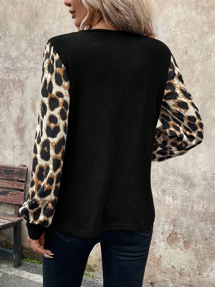 Plus Size Leopard Print Round Neck Casual Versatile Long Sleeve T-Shirt Animal Print Top Leopard Print Top Cheetah Print Top New Year Christmas For Women