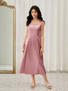 优雅简约时尚方领无袖收腰长款A字裙，纯色缎面亮面粉色连衣裙，适合青少年女孩参加舞会、婚礼等场合。 - 粉色 - 查看 4