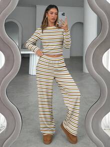 Aloruh Women's Casual Homewear Pajama Set, Includes Striped Crew Neck Long Sleeve Tee And Striped Relaxed Straight Leg Pants, Suitable For Daily Wear, Sports, Autumn/Winter