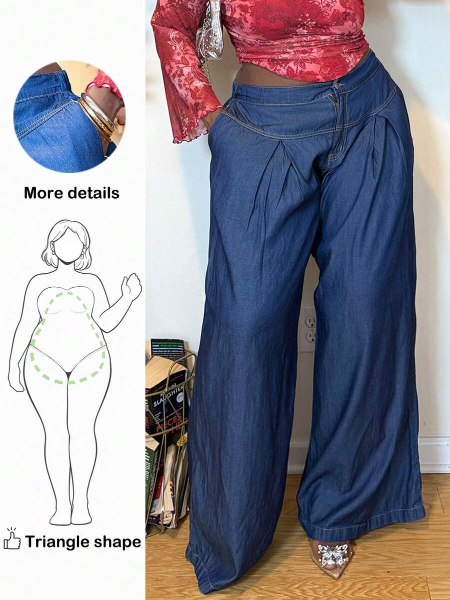 Truni Plus Size Casual Fashionable And Versatile Loose Wide Leg Boyfriend Jeans, For Pear Triangle Body Shape - Blue - View 1