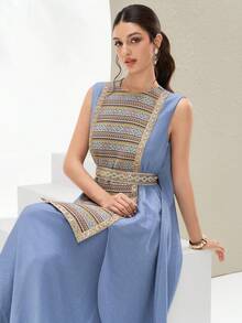 Al Najma Women's Fashionable & Elegant Sleeveless Arabic Style Dress - Blue - View 4