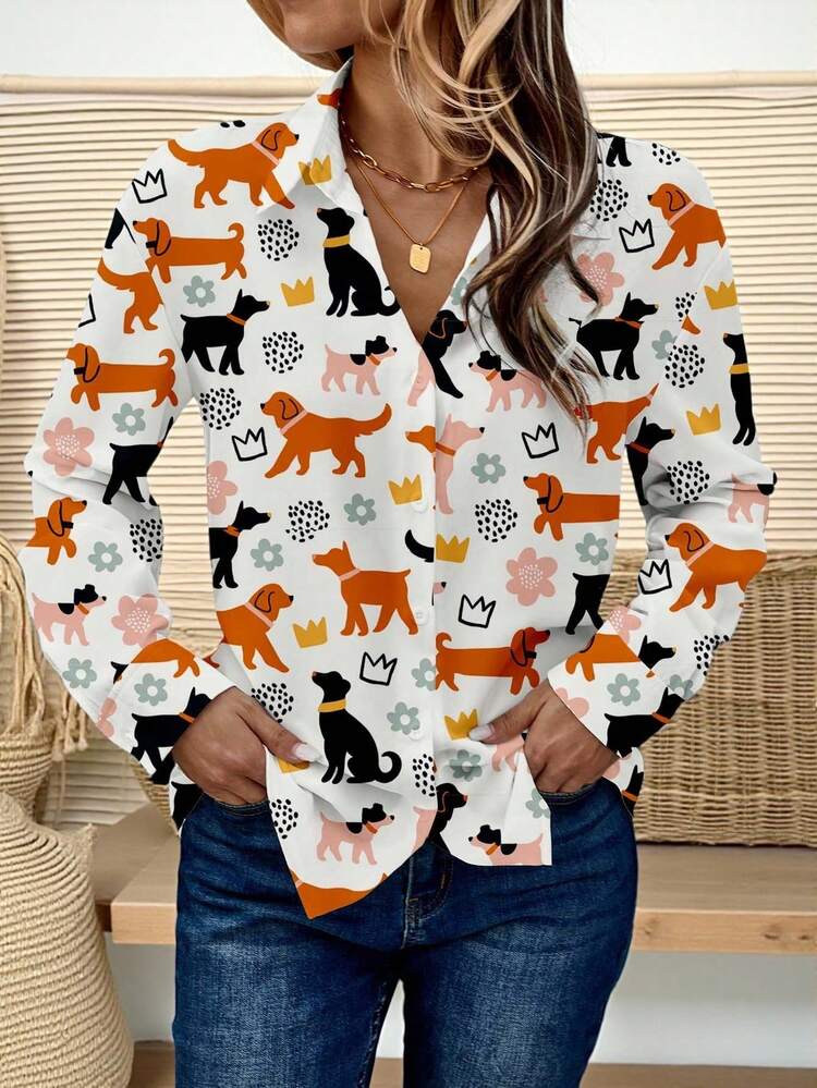 Casual Minimalist Cartoon Animal Pattern Women Shirt, Suitable For Autumn/Winter Cute Shirt For Women Dog Print Shirt Women's Long Sleeve Shirt Cartoon Shirts Women Dog Shirt