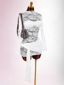 Amplova Áo ren nữ, váy ôm sát mini viền rút màu đỏ cổ điển, phong cách Boho cho tiệc tùng - trắng - Xem 5