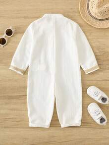 SHEIN Newborn Baby Boy Baroque Gold Floral Pattern Mandarin Collar Long Sleeve Romper, Suitable For Formal Occasions, Birthday Parties, Raves, Galas, Performances, Weddings, Month Celebrations, Christenings And 1st Birthday Parties Baby Boy Christening Suit Baby Vintage Clothes - Multicolor - View 2