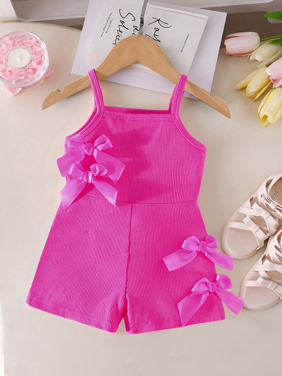 SHEIN Baby Girls' Casual Sleeveless Elastic Ribbed Fabric Bow Decor Romper, Short Style, Pink, Summer