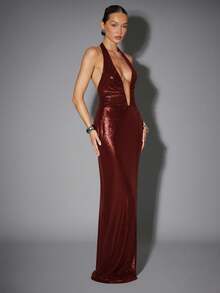 Hauture Plunge Neck Metallic Knit Ruched Halter Backless Sleeveless Dress - Burgundy - View 5