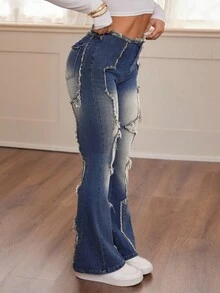 SHEIN ICON Jeans de pierna acampanada con efecto desgastado y ajuste delgado para mujer - Azul - Ver 7