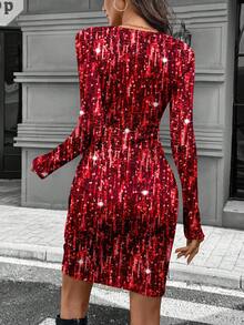 SHEIN LUNE Autumn Sequin Glitter Long Sleeve Ruched Waist Turtleneck Bodycon Mini Dress, Elegant For Women - Multicolor - View 2
