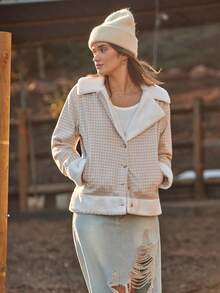 WESTFADE White,Winter,90s Retro,Casual,Occasion Gingham Flannel & Faux Teddy Sherpa Notch Collar Button Front Jacket,Boho,Western,Holiday,Nashville Cowgirl - Multicolor - View 3