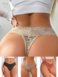 3pcs/Set Sexy Lace Patchwork Thong Panties For Women - Multicolor - View 4