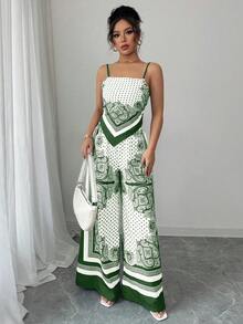 Elenzga 女士度假套装，蓝色扎染波西米亚风不对称吊带背心和宽松阔腿裤 - 綠色 - 查看 4