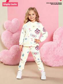 2 件套女孩秋冬时尚创意可爱卡通天使翅膀花心图案印花休闲保暖舒适服装，包括连帽运动衫和运动裤 - 彩色 - 查看 7