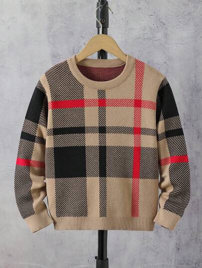 SHEIN Tween Boy Casual Everyday Commute Collegiate Patterned Sweater, Autumn/Winter Boys Plaid Sweater Kids Knitwear Plaid Brown Plaid Sweater Plaid  Plaid Sweater For Boys Kids Plaid Knitwear Boys Sweater Brown Plaid Top Plaid Crewneck Sweater Brown Sweater Plaid Pattern Sweater Brown Red Black Sweater Kids Sweater Plaid Boys Sweater Boys Knitwear