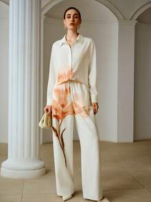 ZEYLAH 2pcs Casual Placement Print Shirt And Loose Pants Set, Spring/Summer - White - View 7