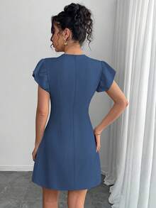 Chiquease 复古中国风纽扣装饰短袖连衣裙 - 霧霾藍 - 查看 2