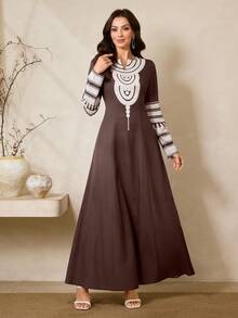Al Najma Style Women V-Neck Striped Long Sleeve Casual Arabic Dress Kaftan Jalabiya Dress - Brown - View 3