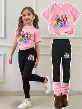 1 Set Young Girls Casual Comfortable Fashionable 3D Cartoon Anime K-POP Girl Character Print Short Sleeve T-Shirt And Leggings Set, Suitable For Outdoor Wear In Spring/Summer