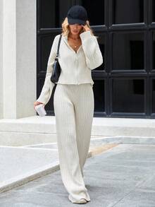 EURMUSE Zip Up Drop Shoulder Cardigan & Knit Pants - Apricot - View 7