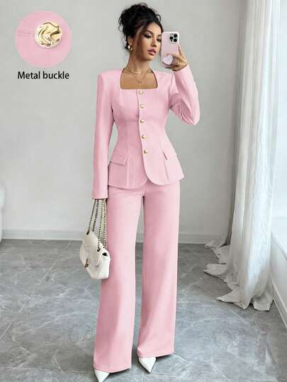 Elenzga 2pcs Women's Suit Fabric Trapezoid Collar Front Metal Button Waist A-Line Hem Slit Pockets Long Sleeve Shirt + Straight Pants Solid Color Elegant Office Commute Streetwear Autumn/Winter Fashion Versatile Business Casual Thanksgiving Afternoon Tea Party Back To School