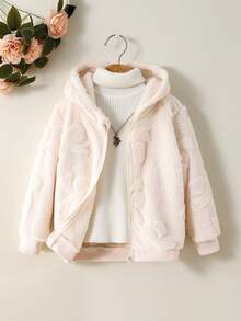 Young Girl Solid Color Hooded Zip-Up Fleece Jacket, Autumn/Winter - Apricot - View 5
