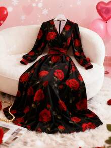 SHEIN Franclia Floral Print V-Neck Elegant Long Sleeve Dress Black Floral Dress Rose Dress Long Sleeve  Luxury Dress For Women Elegant Dress Long Sleeve Elegant Dress Wrap Dresses Floral Formal Wear Red Black Dress - Black - View 3