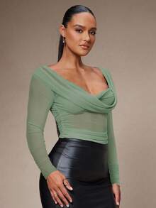 Silquee Women's Elegant Keyhole Neck Ruched Fitted Blouse, Suitable For Spring, Summer, Autumn - Mint Green - View 5