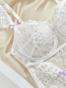 Romantic Lace Underwire Solid Color Bow Decor Sexy Bodysuit - White - View 3