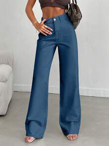 EURMUSE 100%Cotton Women's Pocket Straight Loose Casual Versatile Jeans - Blue - View 3