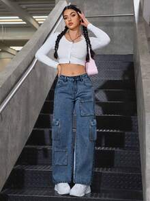 Vaquero cargo mujer pantalon de mujer pantalón de mujer pantalones para mujer pantalón pantalones de dama pantalones baggy - Azul - Ver 4