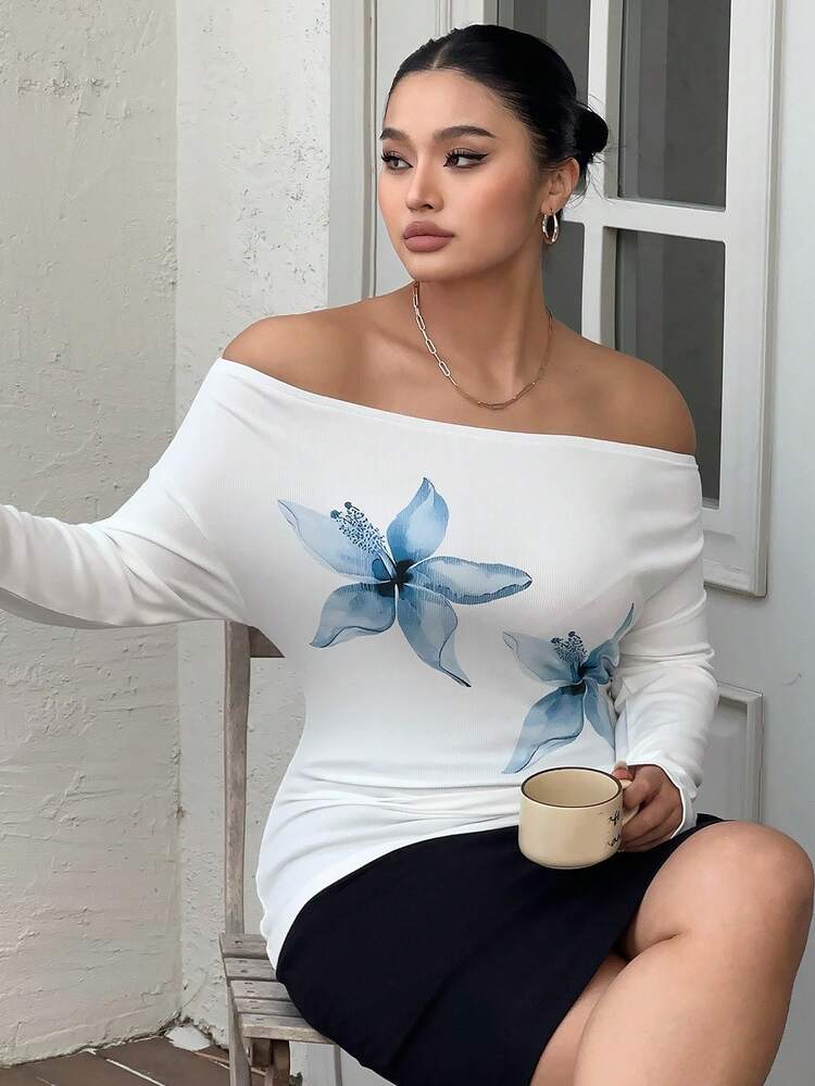 Dazy Plus Plus Size Stretchy Fitted Sexy Large Floral Print Pattern Cutout Asymmetric Shoulder Long Sleeve White T-Shirt Off The Shoulder