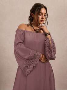 Freevana 大码女式性感度假风简约纯色露肩荷叶袖蕾丝拼接高开衩下摆系带连衣裙（不含腰带） - 珊瑚粉 - 查看 4