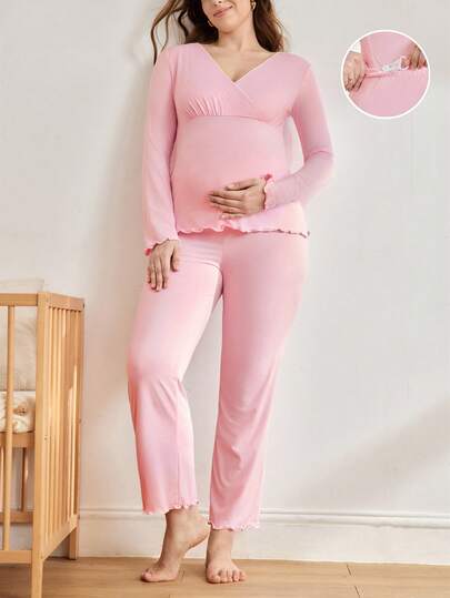 BloomMama Comfortable Wavy Hem Black Elastic Simple Long Sleeve Pants V-Neck Maternity Loungewear Set
