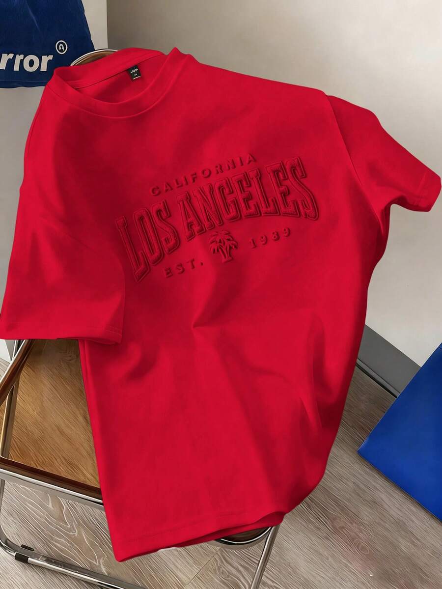 Manfinity Joysei Men's Letter Print Round Neck Casual Versatile Short Sleeve T-Shirt - Red - View 1