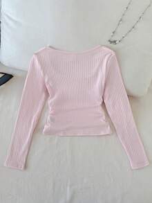 SHEIN Camiseta de manga larga de cuello redondo, de punto acanalado, elástica, de unicolor, de estilo minimalista y cómoda para niñas preadolescentes - Rosa coral - Ver 2