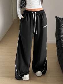 StreetHx 街头风女款黑色宽松侧条纹白色印花裤 - 黑色 - 查看 6