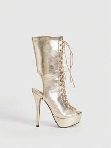 CUCCOO LuxiPop Cizme de damă cu toc înalt și fermoar lateral, cu textură metalică și talpă groasă, la modă, până la jumătatea gambei - Aur - Vizualizare 4