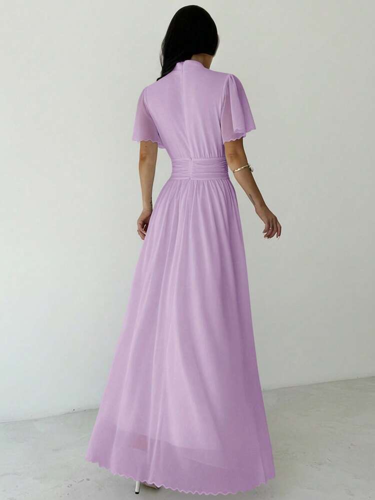 Firerie Vestido Branco Elegante e Romântico para Uso Diário, Viagens à Praia, Gola Padre, Cintura Alta, Plissado, Manga Flare - Lavanda - Visão 7